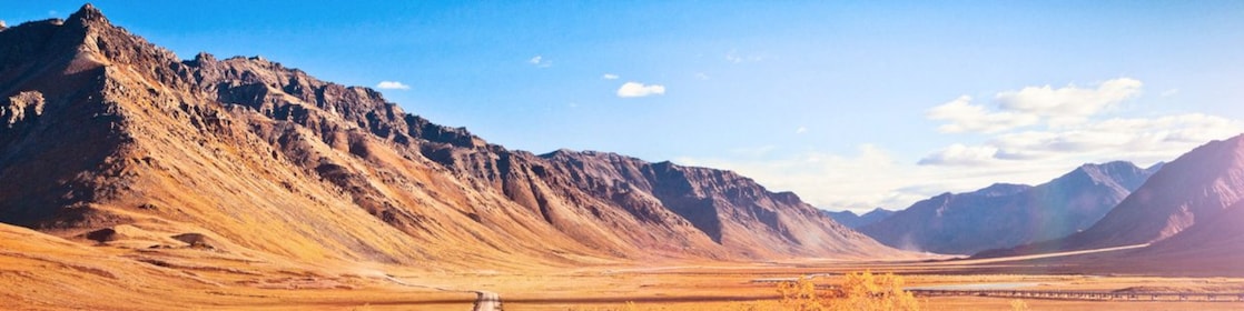 Ruta desierta sin asfaltar rodeada de montañas
